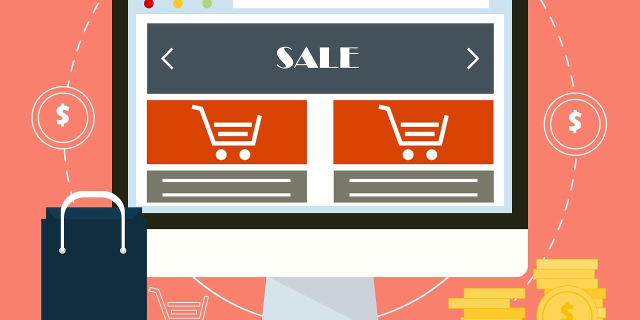 Grafika z motywem zakupów online i promocji, ukazująca ikonę koszyka, monety oraz wiadomości symbolizujące najlepsze promocje na Amazonie.